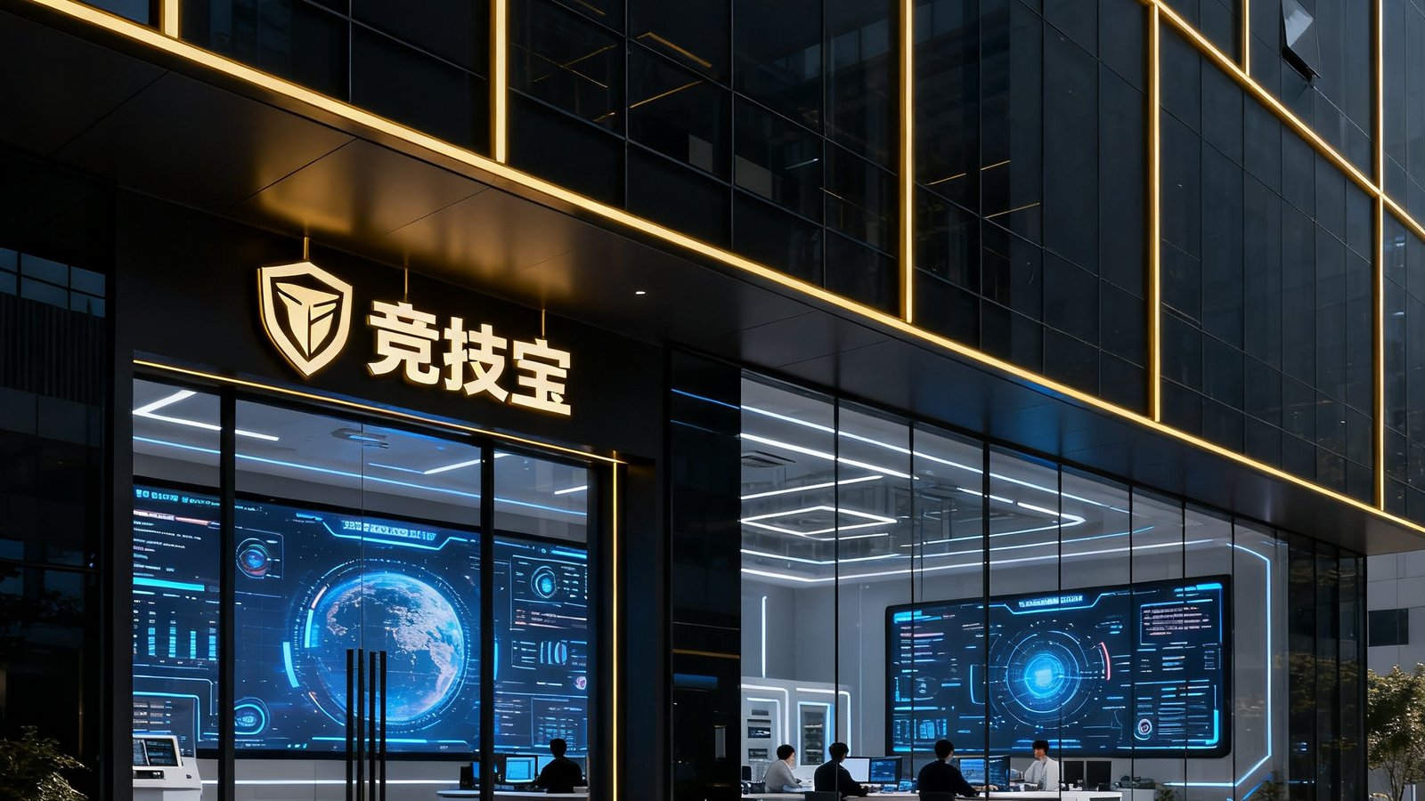 竞技宝电竞AI研究院的概念设计效果图，现代化建筑外观采用深色玻璃幕墙和金色线条装饰，入口处悬挂竞技宝标识，内部透过玻璃可见大型数据可视化屏幕和研发人员工作区。